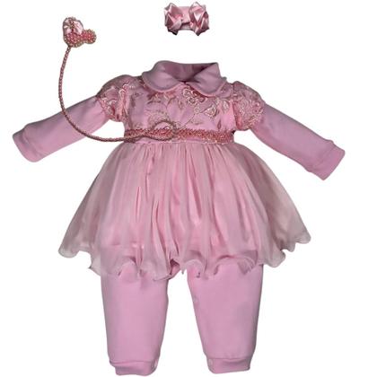 Imagem de Macacão Vestido Bebe Luxo Bordado Renda Tule Pérola Menina