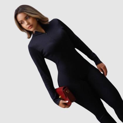 Imagem de Macacão Virginia Canelado Longo Ziper Frontal Moda Gringa