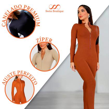 Imagem de Macacão Virginia Canelado Longo Ziper Frontal Moda Gringa