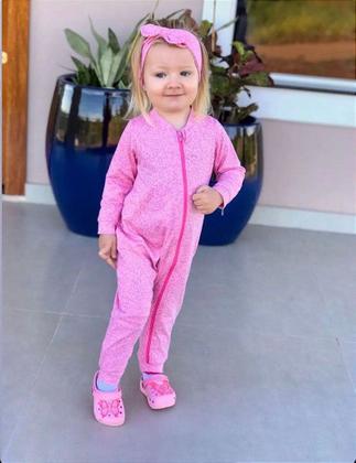 Imagem de Macacão Zíper Rosa Glitter com Faixa de Cabelo para Bebê - Tam.G