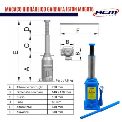 Imagem de Macaco Hidráulico Garrafa 16Ton MHG016 ACM TOOLS