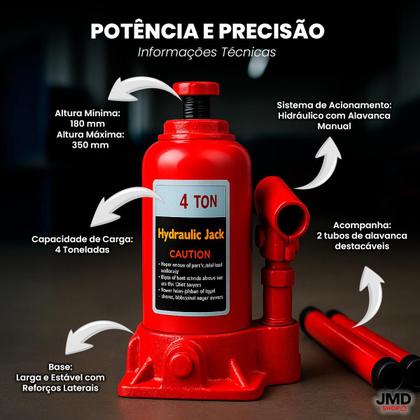 Imagem de Macaco Hidráulico Tipo Garrafa Capacidade 3, 4 e 5 Toneladas com Base Robusta