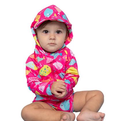 Imagem de Macaquinho Bebê Praia Com Capuz E Zíper Proteção Uv M/longa