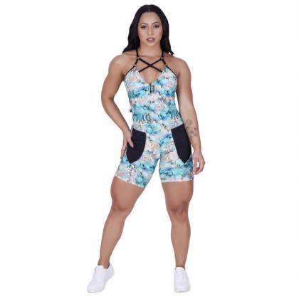 Imagem de Macaquinho Fitness Feminino Meia Coxa Bolso Costa Cavada Bojo UV50+ Orbis