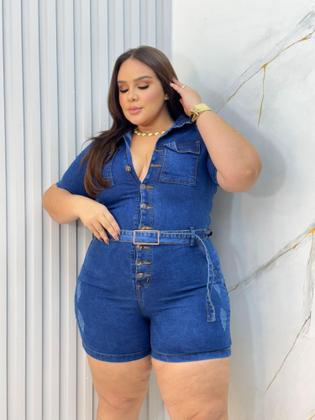 Imagem de Macaquinho jeans com lycra plus size com cinto REF:2551