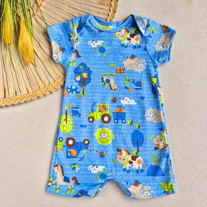 Imagem de Macaquinho Manga Curta para Bebê Menino em Tecido Suedine Premium cor Azul Estampado - Up Baby