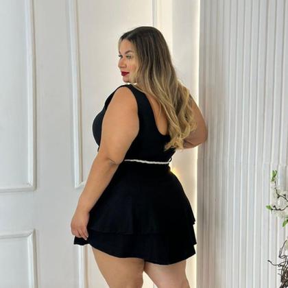 Imagem de Macaquinho Plus Size Princesa Estampado Short Saia C Cordão 0354