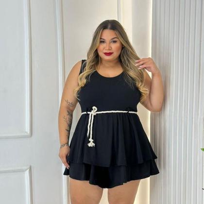 Imagem de Macaquinho Plus Size Princesa Estampado Short Saia C Cordão 0354