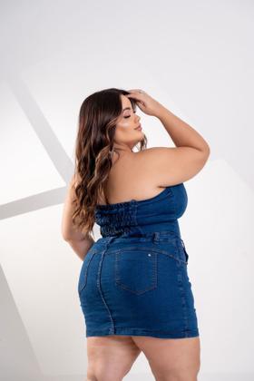 Imagem de Macaquinho shortsaia jeans PLUS SIZE sem alça com Lycra Ref:2574