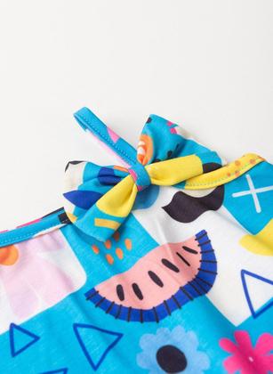 Imagem de Macaquinho Verão Menina Azul Com Laço Aplicado Frutinhas Tropicais