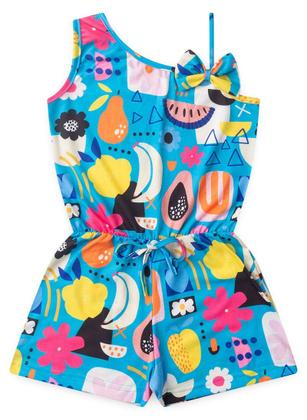 Imagem de Macaquinho Verão Menina Azul Com Laço Aplicado Frutinhas Tropicais