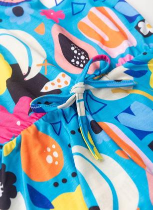 Imagem de Macaquinho Verão Menina Azul Com Laço Aplicado Frutinhas Tropicais