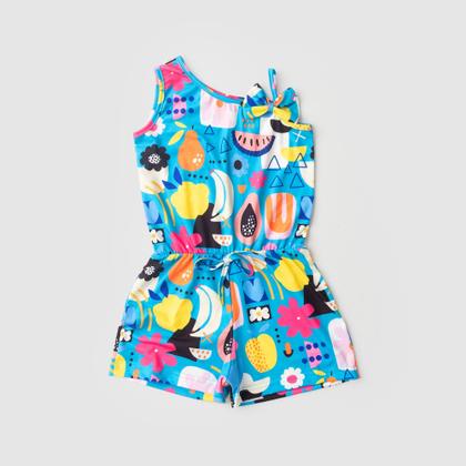 Imagem de Macaquinho Verão Menina Azul Com Laço Aplicado Frutinhas Tropicais