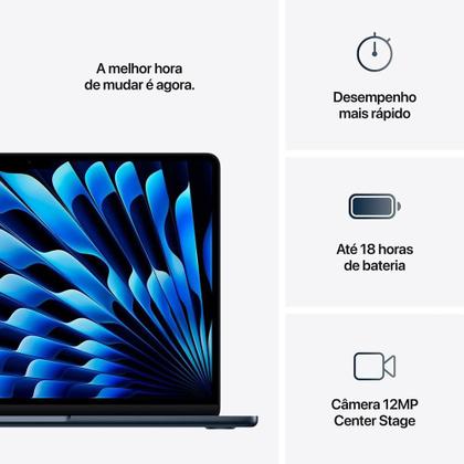 Imagem de MacBook Air Apple 13" Chip M4, CPU 10 Núcleos, GPU 10 Núcleos, Neural Engine 16 Núcleos, 16GB RAM, SSD 512GB, Meia-noite - MW133BZ/A