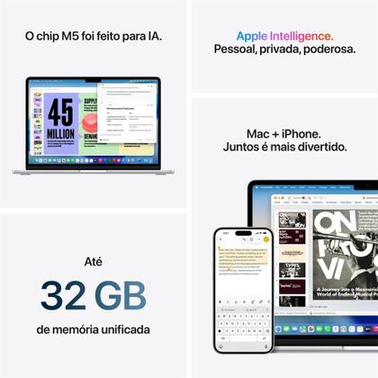 Imagem de MacBook Air Apple 13" Chip M5, CPU de 10 Núcleos, GPU de 10 Núcleos, Neural Engine de 16 Núcleos, 1TB, Meia-Noite - MDHF4BZ/A
