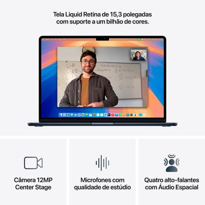 Imagem de MacBook Air Apple 15" Chip M4, CPU 10 Núcleos, GPU 10 Núcleos, Neural Engine 16 Núcleos, 16GB RAM, SSD 256GB, Meia-noite - MW1L3BZ/A