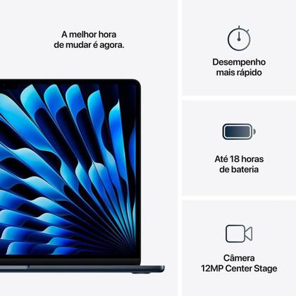 Imagem de MacBook Air Apple 15" Chip M4, CPU 10 Núcleos, GPU 10 Núcleos, Neural Engine 16 Núcleos, 16GB RAM, SSD 256GB, Meia-noite - MW1L3BZ/A
