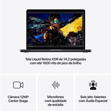 Imagem de MacBook Pro Apple 14", M4, CPU 10 Núcleos, GPU 10 Núcleos, Neural Engine de 16 Núcleos, 24GB RAM, SSD 1TB, Preto-espacial - MCX04BZ/A
