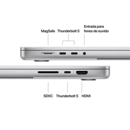 Imagem de MacBook Pro Apple 16", M4 Pro, CPU 14 Núcleos, GPU 20 Núcleos, Neural Engine de 16 Núcleos, 48GB RAM, SSD 512GB, Prateado - MX2U3BZ/A