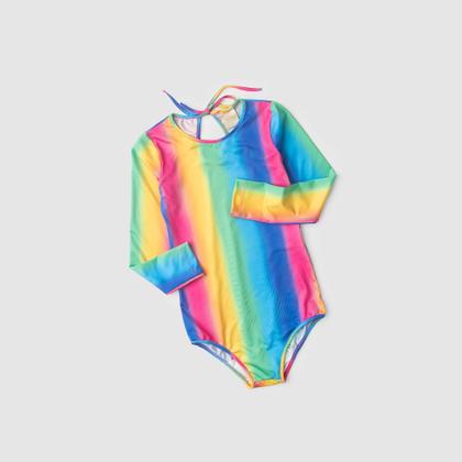Imagem de Maiô Biquíni Infantil Menina Rosa Com Manga Longa e Amarração nas Costas Arco-Íris
