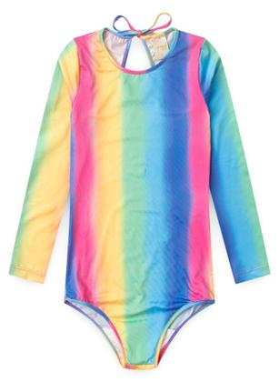 Imagem de Maiô Biquíni Infantil Menina Rosa Com Manga Longa e Amarração nas Costas Arco-Íris