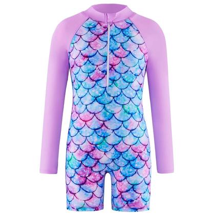 Imagem de Maiô De Uma Peça Para Meninas Com Calças Boyleg, Manga Longa, Estampa De Escamas, Zíper, Proteção