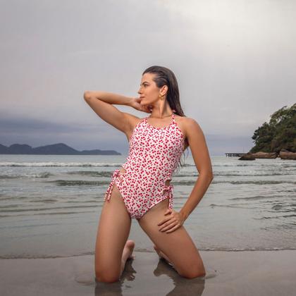 Imagem de Maiô Estampado Bojo Nao Removivel Lycra Amarração Detalhe Abertura Lateral Calcinha Hot Pants