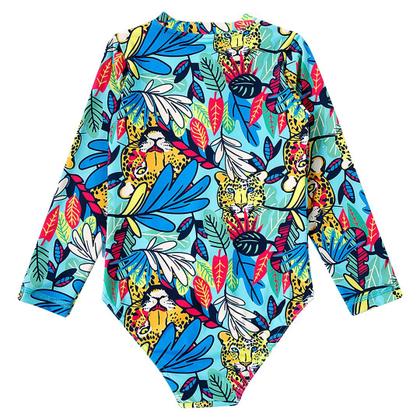 Imagem de Maiô Manga Longa Infantil Onça Tropical Verde Água Tip Top