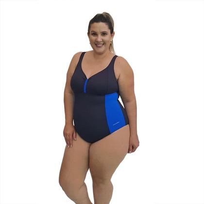 Imagem de Maiô Natação Plus Size com Sustentação Light UV 50+ Preto com Detalhe em Azul Bic