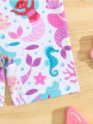 Imagem de Maiô Shortinho Infantil Manga Longa Rosa Sereias com zíper - Tamanho 3 anos