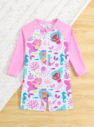 Imagem de Maiô Shortinho Infantil Manga Longa Rosa Sereias com zíper - Tamanho 3 anos