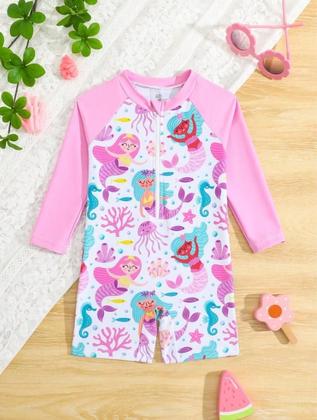 Imagem de Maiô Shortinho Infantil Manga Longa Rosa Sereias com zíper - Tamanho 3 anos