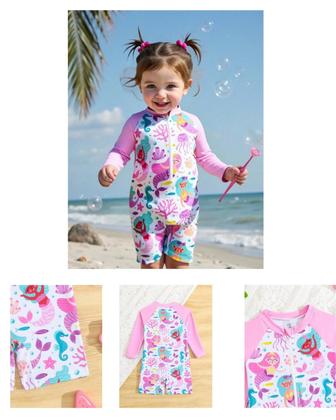 Imagem de Maiô Shortinho Infantil Manga Longa Rosa Sereias com zíper - Tamanho 3 anos