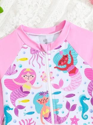 Imagem de Maiô Shortinho Infantil Manga Longa Rosa Sereias com zíper - Tamanho 3 anos