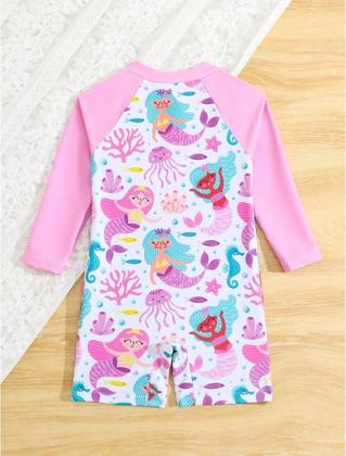 Imagem de Maiô Shortinho Infantil Manga Longa Rosa Sereias com zíper - Tamanho 3 anos