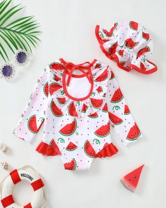 Imagem de Maiô SUNNY PIGGY Baby Girls de manga comprida 0-3M com chapéu vermelho