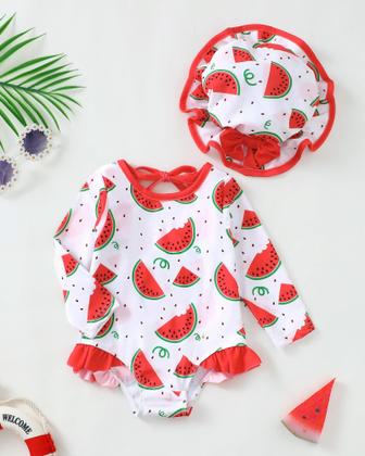 Imagem de Maiô SUNNY PIGGY Baby Girls de manga comprida 0-3M com chapéu vermelho