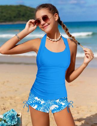 Imagem de Maiô Tankini para meninas TALLWH, tamanho 7-8, cintura alta, azul