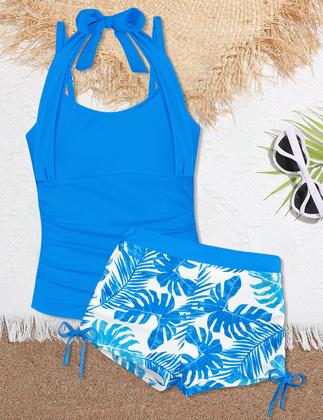 Imagem de Maiô Tankini para meninas TALLWH, tamanho 7-8, cintura alta, azul