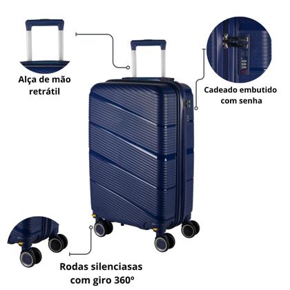 Imagem de Mala avião bordo 10kg polipropileno material inquébravel roda dupla 360 cadeado tsa azul escuro