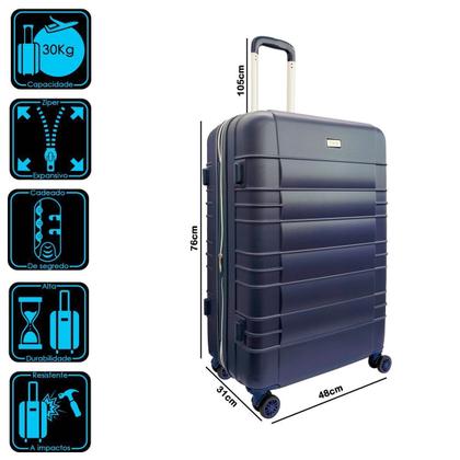 Imagem de Mala de Viagem Expansiva Rigida Roda Dupla 360  Cadeado Aviao Embarque Bagagem Grande 30kg Azul