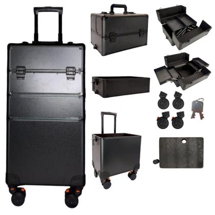 Imagem de Mala Maleta Maquiagem Profissional Rodinhas 3 Andar Preta Com Divisórias Completa Preta