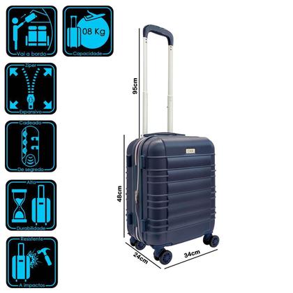 Imagem de Mala Viagem Bordo Expansiva Rigida Roda Dupla 360  Mao Aviao Cadeado Padrao Anac pequena 8kg Azul
