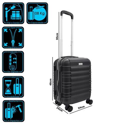 Imagem de Mala Viagem Bordo Expansiva Rigida Roda Dupla 360  Mao Aviao Cadeado Padrao Anac pequena 8kg Preto