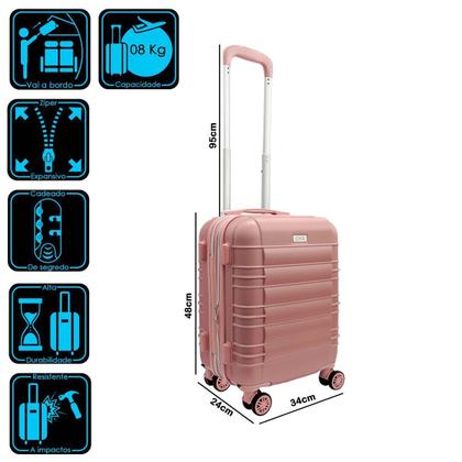 Imagem de Mala Viagem Bordo Expansiva Rigida Roda Dupla 360  Mao Aviao Cadeado Padrao Anac pequena 8kg Rose