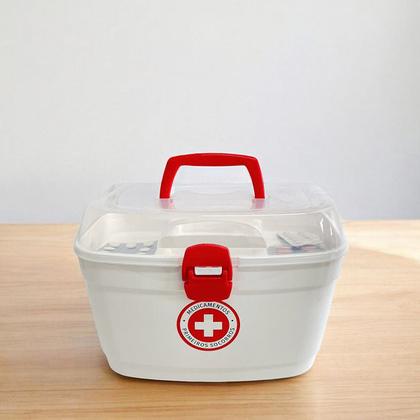 Imagem de Maleta Caixa C/ Alça Organiza Porta Medicamentos Itens P/ Primeiros Socorros Branca Bandeja Com Divisórias