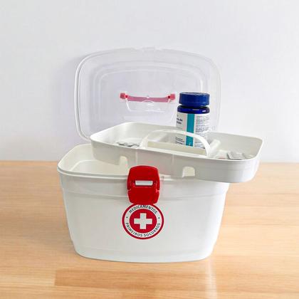 Imagem de Maleta Caixa C/ Alça Organiza Porta Medicamentos Itens P/ Primeiros Socorros Branca Bandeja Com Divisórias