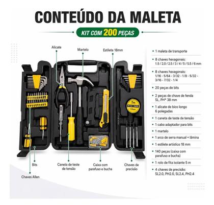 Imagem de Maleta de Ferramentas 200 Peças Kit Completo com Chaves Alicate Martelo e Acessórios