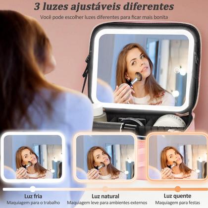 Imagem de Maleta Maquiagem Completa Profissional Com Espelho e Luz de Led, Blogueira, Cor Rosa