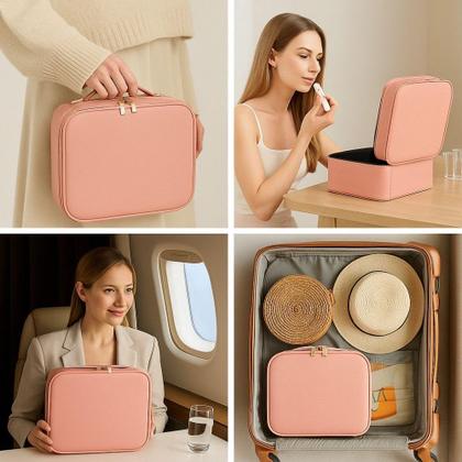 Imagem de Maleta Maquiagem Completa Profissional Com Espelho e Luz de Led, Blogueira, Cor Rosa